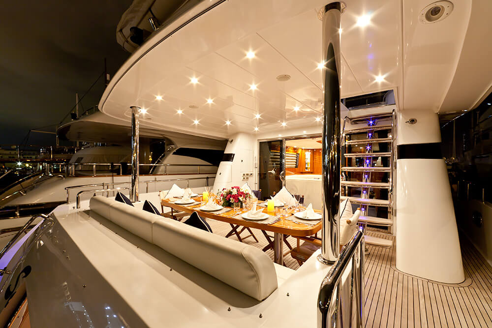 Dining in the Aft Cockpit on the Samaric Luxury Motor Yacht near Ibiza
